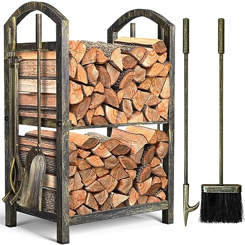 Amagabeli Kaminholzregal Innen Brennholzregal mit 4 Kaminwerkzeug 74x40x30cm Kaminholzständer für Innen und Außen Kaminholzhalter Holzregal für Kamin Kaminofen Besteck Schmiedeeisen Bronze