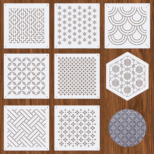 Tinoaly 8stk Teilige Sashiko-Schablone aus Kunststoff, 8 Arten Geometrischer Stickstabilisatoren Weiße Sashiko-Zeichenlinie Handstickmuster Zeichenlinienvorlage für Handquilten und Nähen