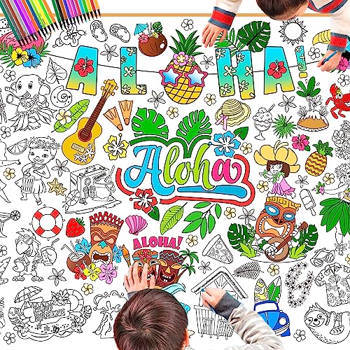 DPKOW Aloha Hawaii Ausmal Tischdecke für Kinder mit Stiften, 47 x 33 Zoll Riese Papier Hawaiian Bemalbare Tischdecke für Kinder Basteln Sommer Tropische Ausmalen Poster Tiki Luau Geburtstag Geschenk
