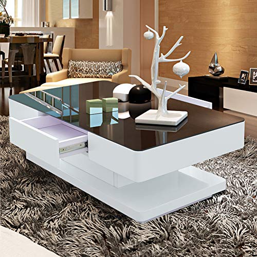 TUKAILAI Hochglanz Couchtisch mit 2 Schubladen und 8 mm Gehärtetem Glas, Glas Kaffeetisch Wohnzimmertisch mit Stauraum für Büro, Wohnzimmer, Möbel, Empfang, Wartebereich, Wartebereich Tisch