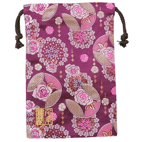 千糸繍院 Brokat-Kordelzugbeutel, gefüttert mit Nishijin-Brokat, 3, Größe M, Violett, Rosa, Medium, Japanische Tasche mit Kordelzug