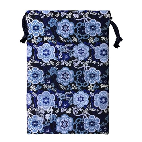 千糸繍院 Brokat-Kordelzugtasche, gefüttert mit Nishijin-Brokat, Kurorurisaika, Größe M, Schwarz, Blau, Medium