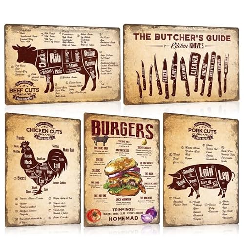 5er Set Blechschilder Retro Essen - BURGERS REZEPTE - BUTCHER GUIDE - BEEF CHICKEN PORK CUTS - Metall-schild grillen Deko für Restaurant Küche Wanddekoration 20x30cm