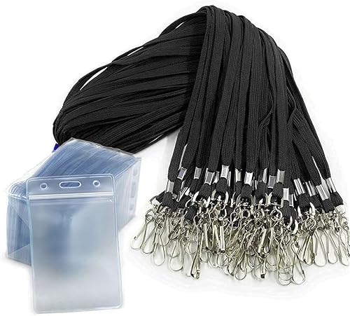 50 pack Namensschilder mit Schlüsselband-Ausweishalter Vertikaler wasserdichter Kunststoff-Ausweishalter Lanyards Namensschilder für Kids School Camp Exkursion Business Event Trade(schwarz)