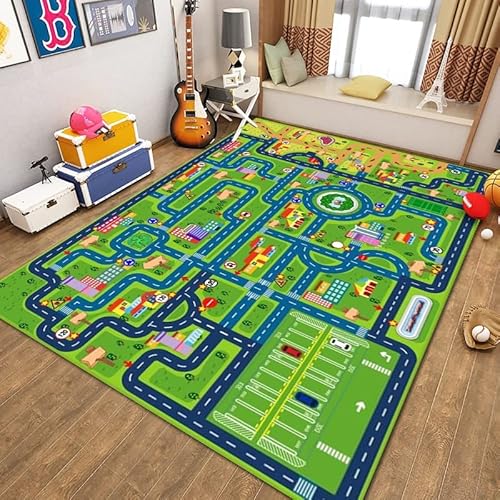 Tappeti Design rutschfest Kinderteppich Cartoon Autobahnparkplatz,|Waschbar und ungiftig mit|-60x90cm