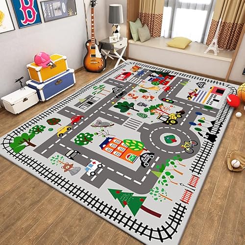 Tappeti Design Kinderzimmer Teppich Cartoon-Autobahnparkplatz,|Waschbar und ungiftig mit|-100x160cm